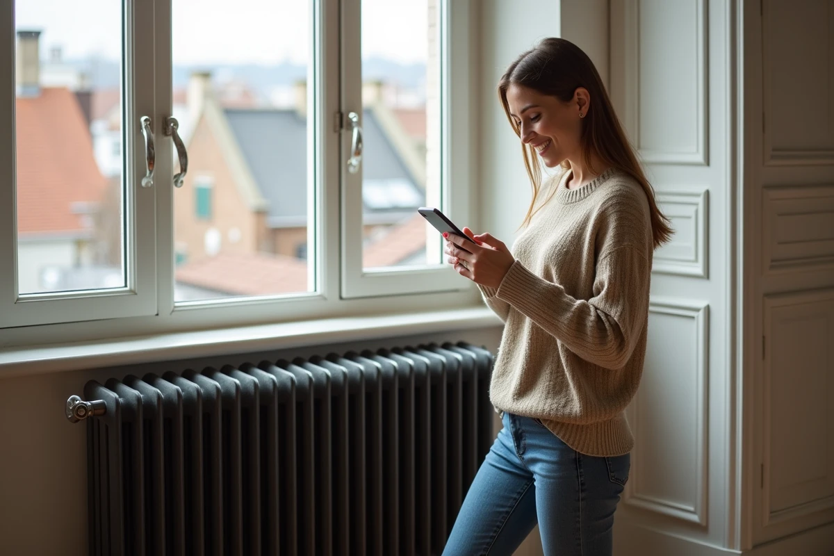 Jeune femme souriante utilisant son smartphone devant radiateur ancien