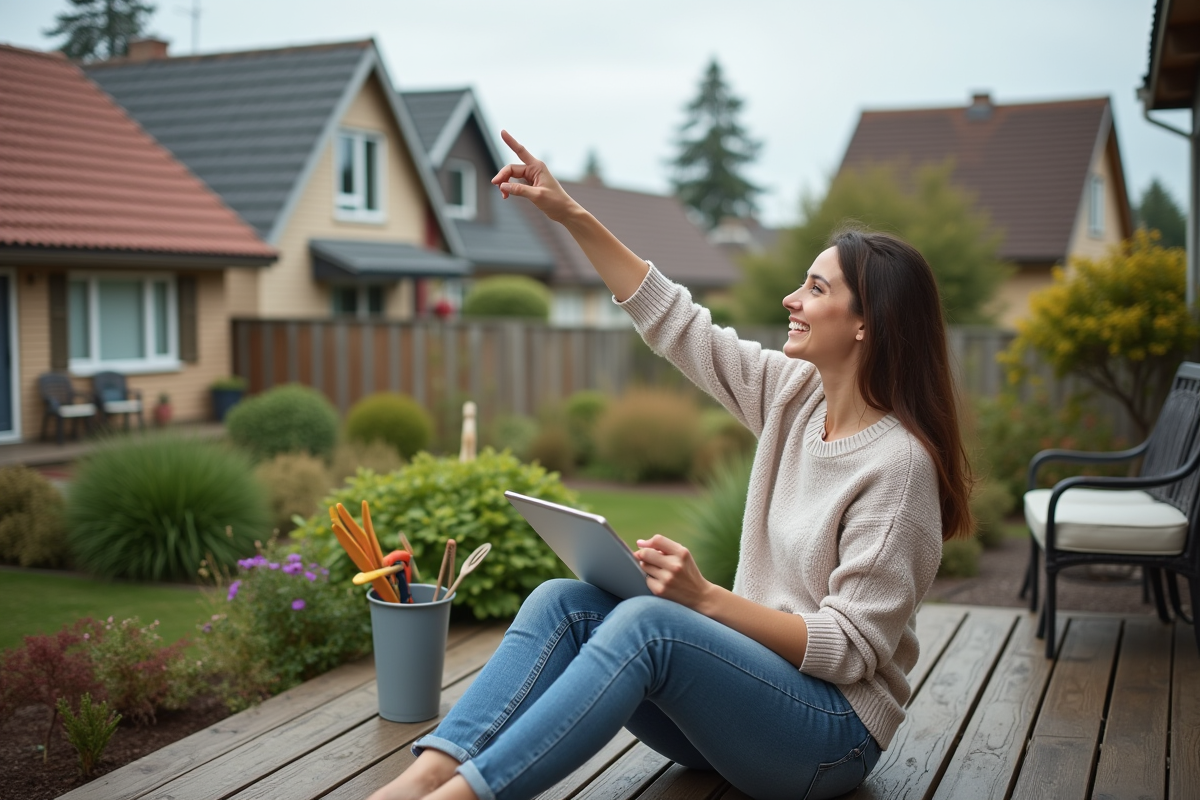 Jeune femme souriante pointant le toit d