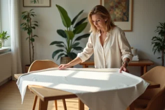 Femme posant une nappe en cristal sur une table moderne