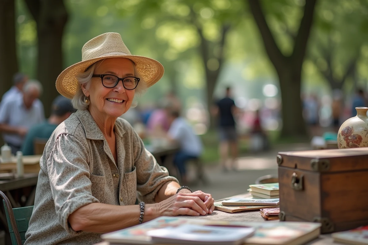 Femme souriante derrière sa table de vide grenier en village
