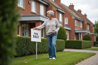 Femme posant un panneau à vendre devant une maison de banlieue