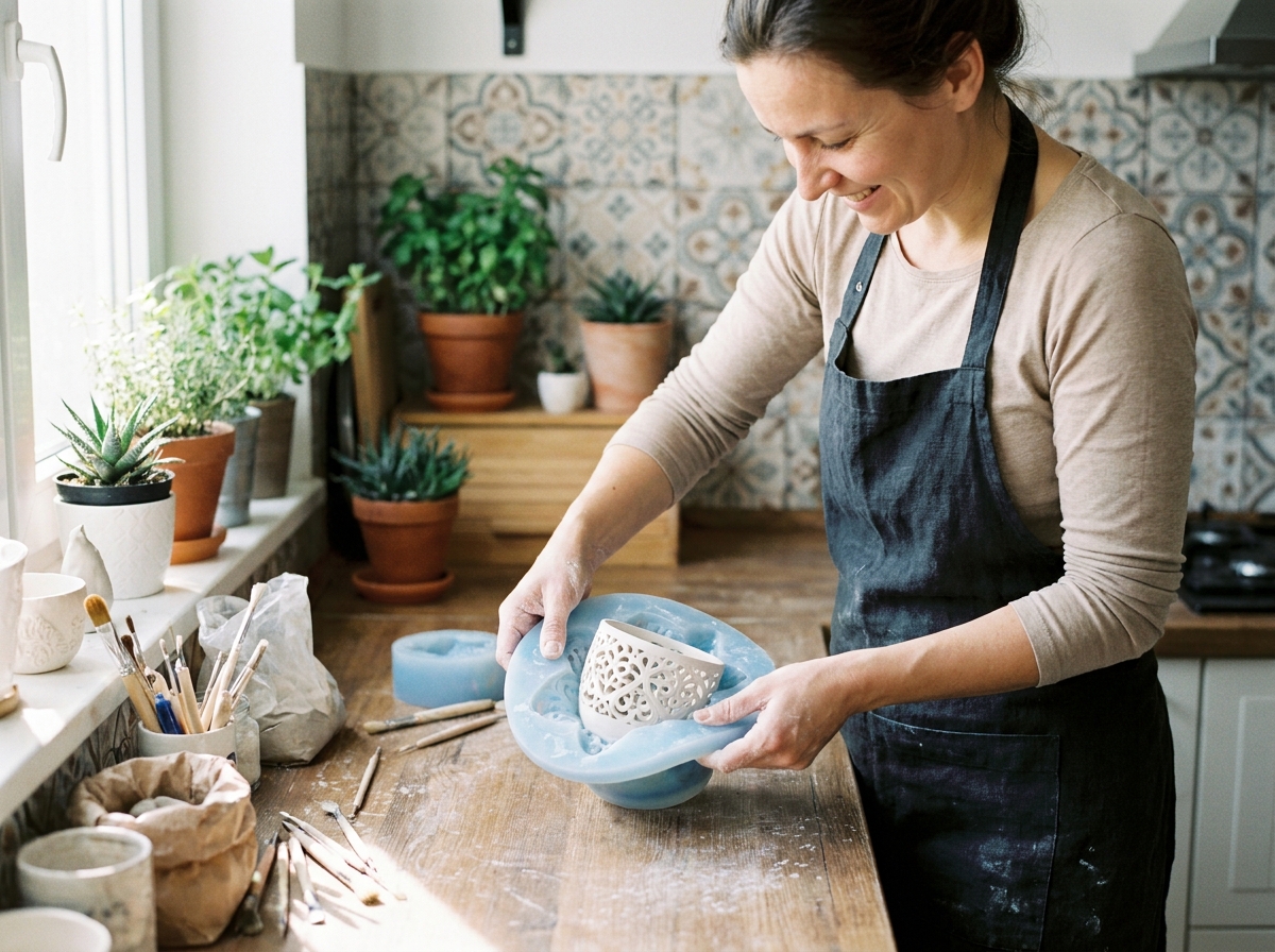 Jeune femme inspectant un moule en silicone dans sa cuisine