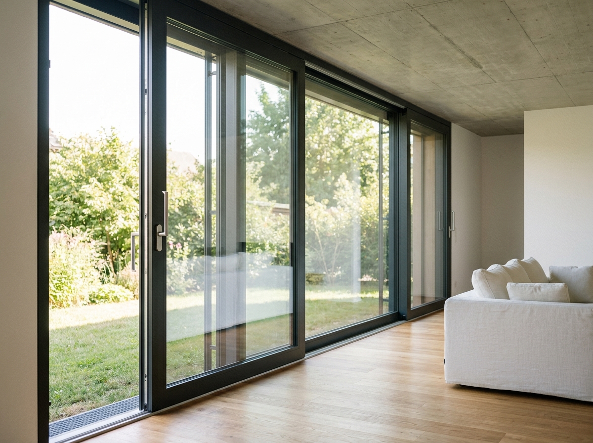 Fenêtre coulissante en aluminium anthracite dans un salon moderne avec vue sur jardin