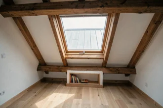 Fenêtre de toit type Velux installée dans un grenier aménagé avec poutres apparentes et parquet en chêne clair