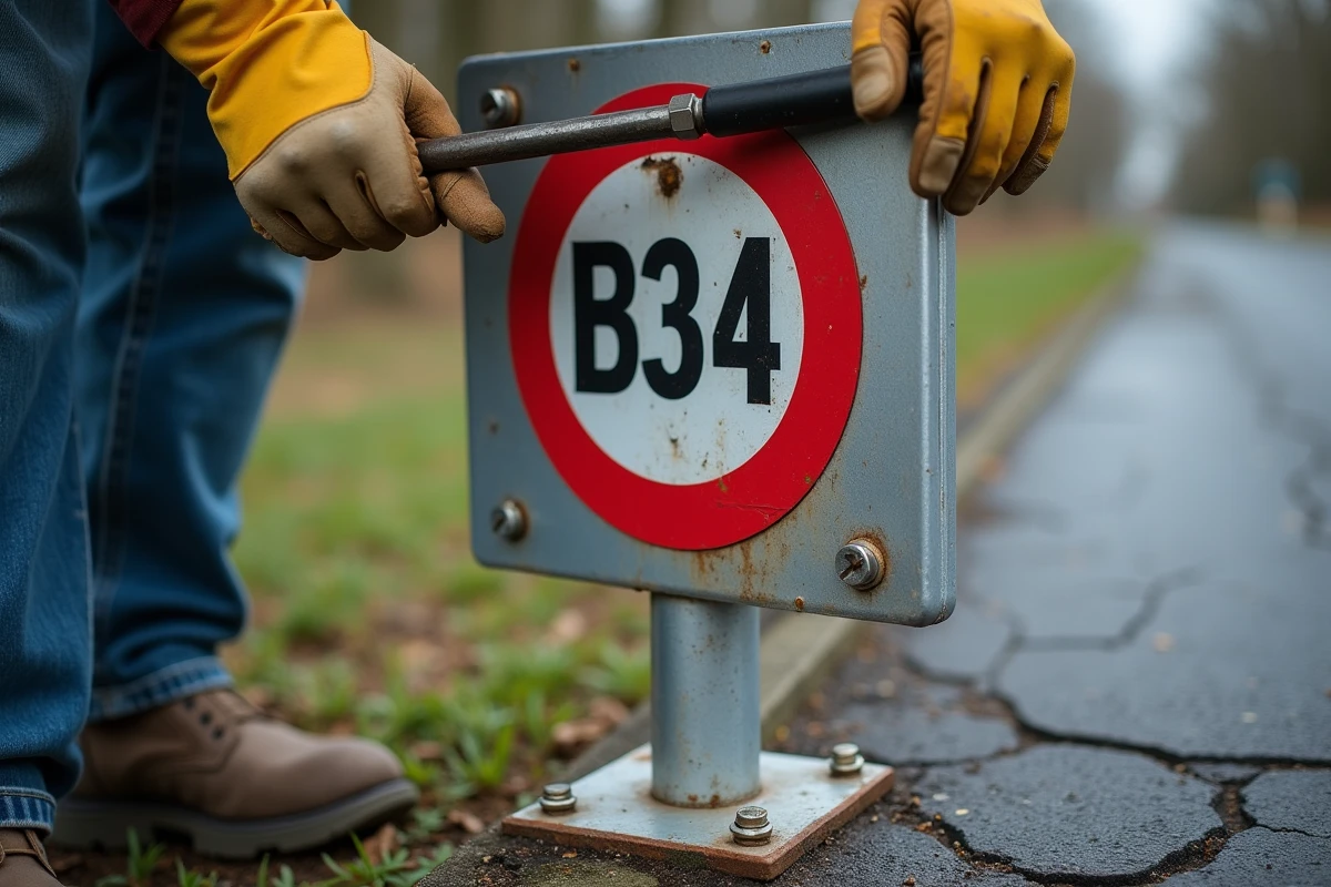 Gros plan sur la fixation d'un panneau B34 sur poteau métallique en bord de route