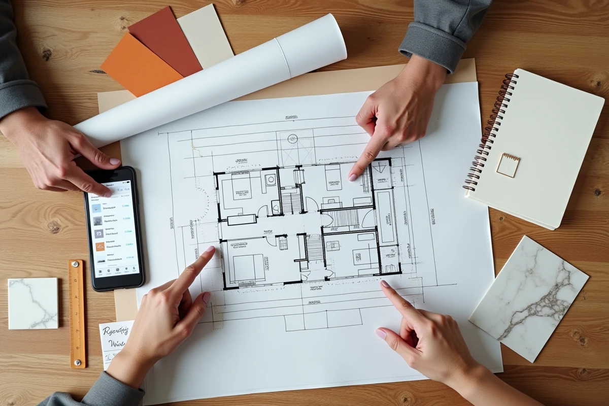 Vue aérienne d'une table de réunion avec plans d'architecture annotés, échantillons de matériaux et outils de coordination entre architecte et artisan
