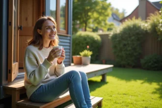 Tiny house intégrée dans un jardin avec des plantes en conteneurs