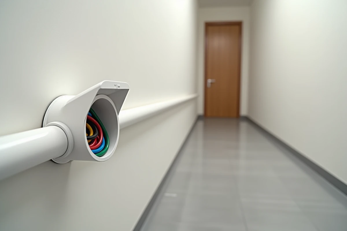 Goulotte électrique GTL en PVC blanc avec câbles colorés visibles dans un couloir étroit de petit logement
