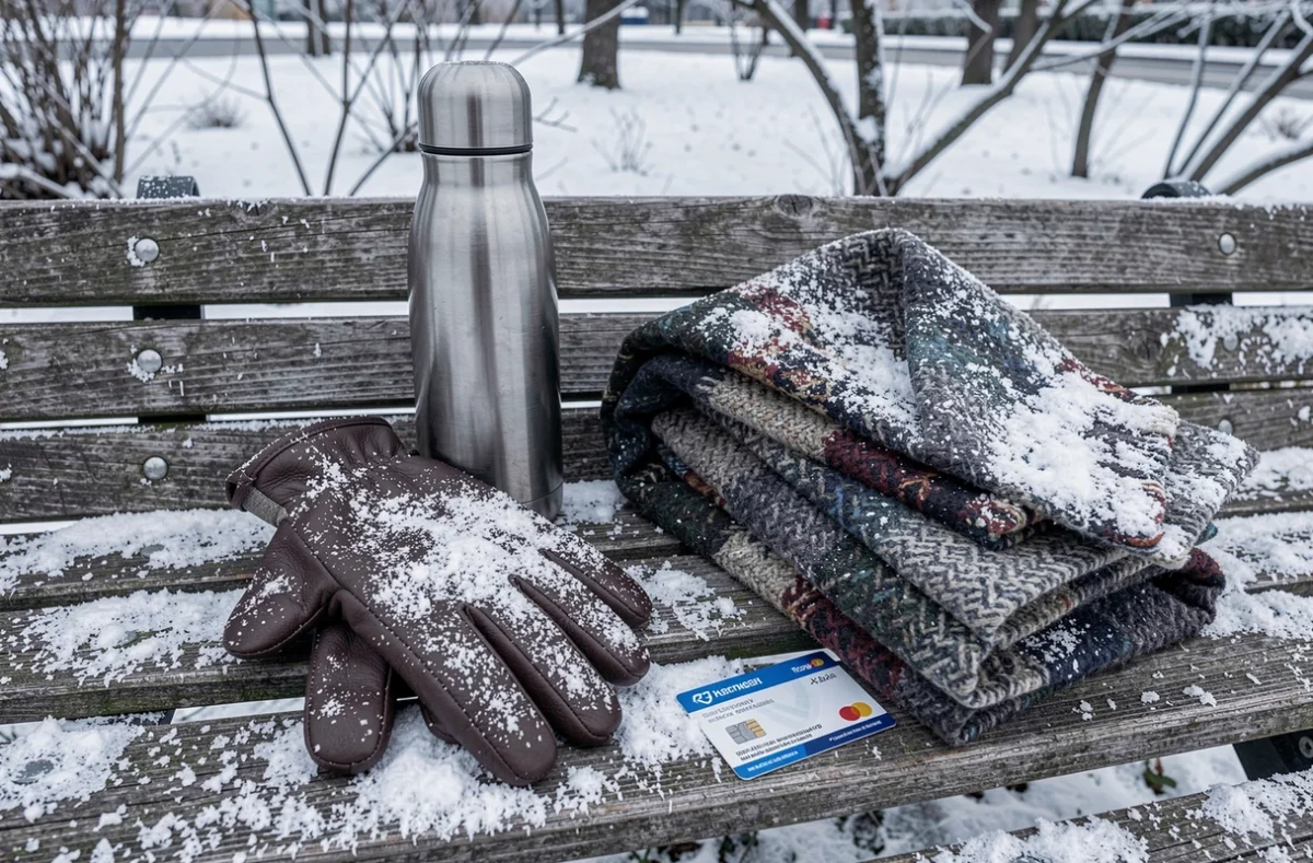 Gourde chauffante en acier inoxydable posée sur un banc enneigé avec gants et écharpe, accessoires de trajet hivernal