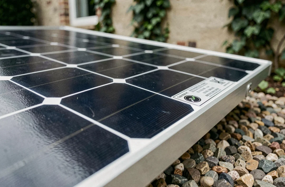Gros plan sur la surface d'un panneau solaire monocristallin avec étiquette de certification technique