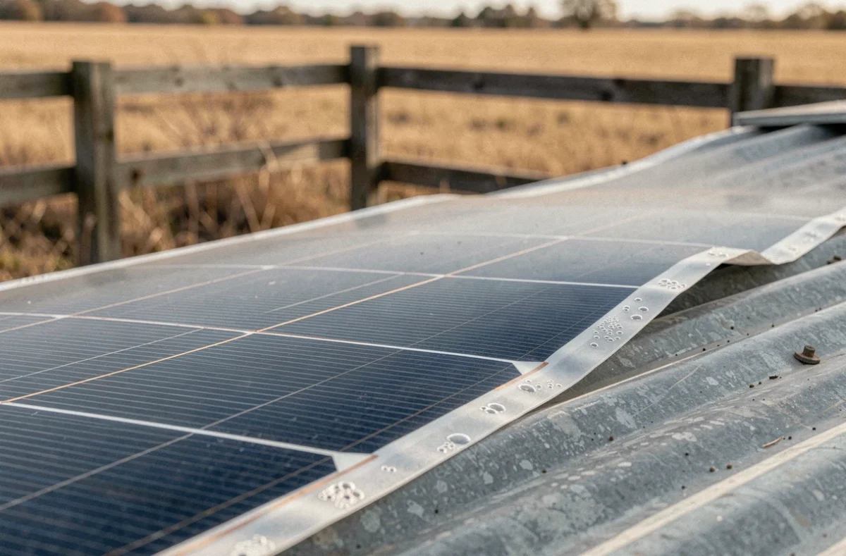 Gros plan sur la surface texturée d'un panneau solaire souple 300W posé sur un toit en métal en milieu rural