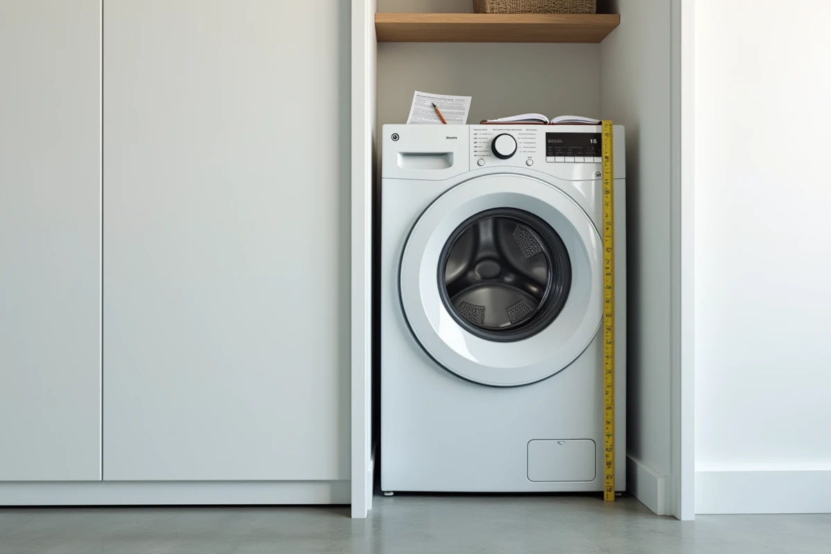 Machine à laver standard avec ruban à mesurer appuyé contre son côté pour illustrer la hauteur réglementaire dans un espace buanderie