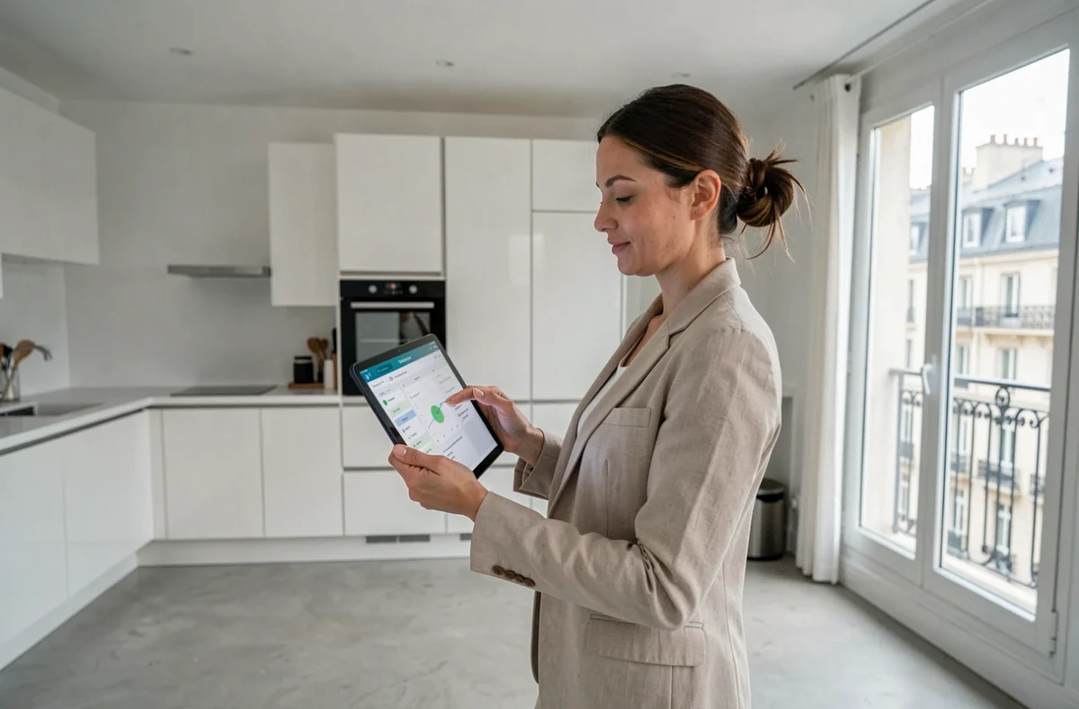 Coordinatrice de projet hemea utilisant une tablette pour suivre la rénovation clé en main d'un appartement parisien moderne