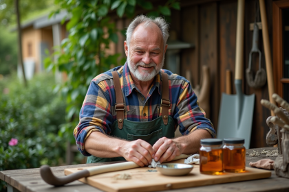 Homme appliquant de l'huile de lin sur une poignée de pelle en extérieur