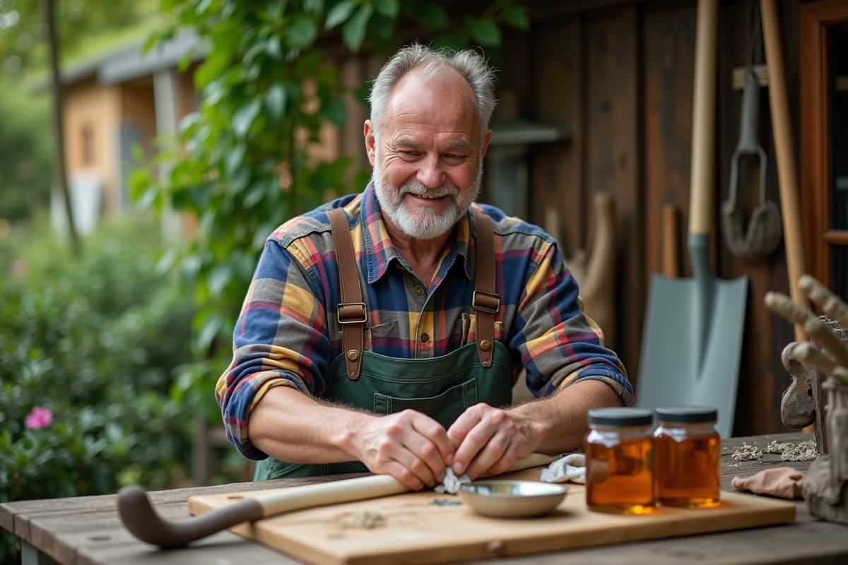 Homme appliquant de l'huile de lin sur une poignée de pelle en extérieur