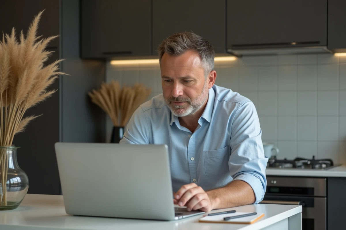 Homme regarde des tables basses sur un ordinateur dans la cuisine