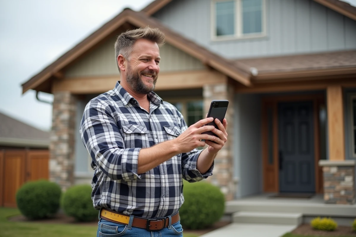Homme devant une maison en renovation tenant un smartphone