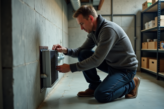 Homme d'âge moyen ajustant un ventilateur de chauffage dans un sous-sol