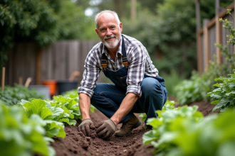 Homme d'âge moyen appliquant compost dans un jardin