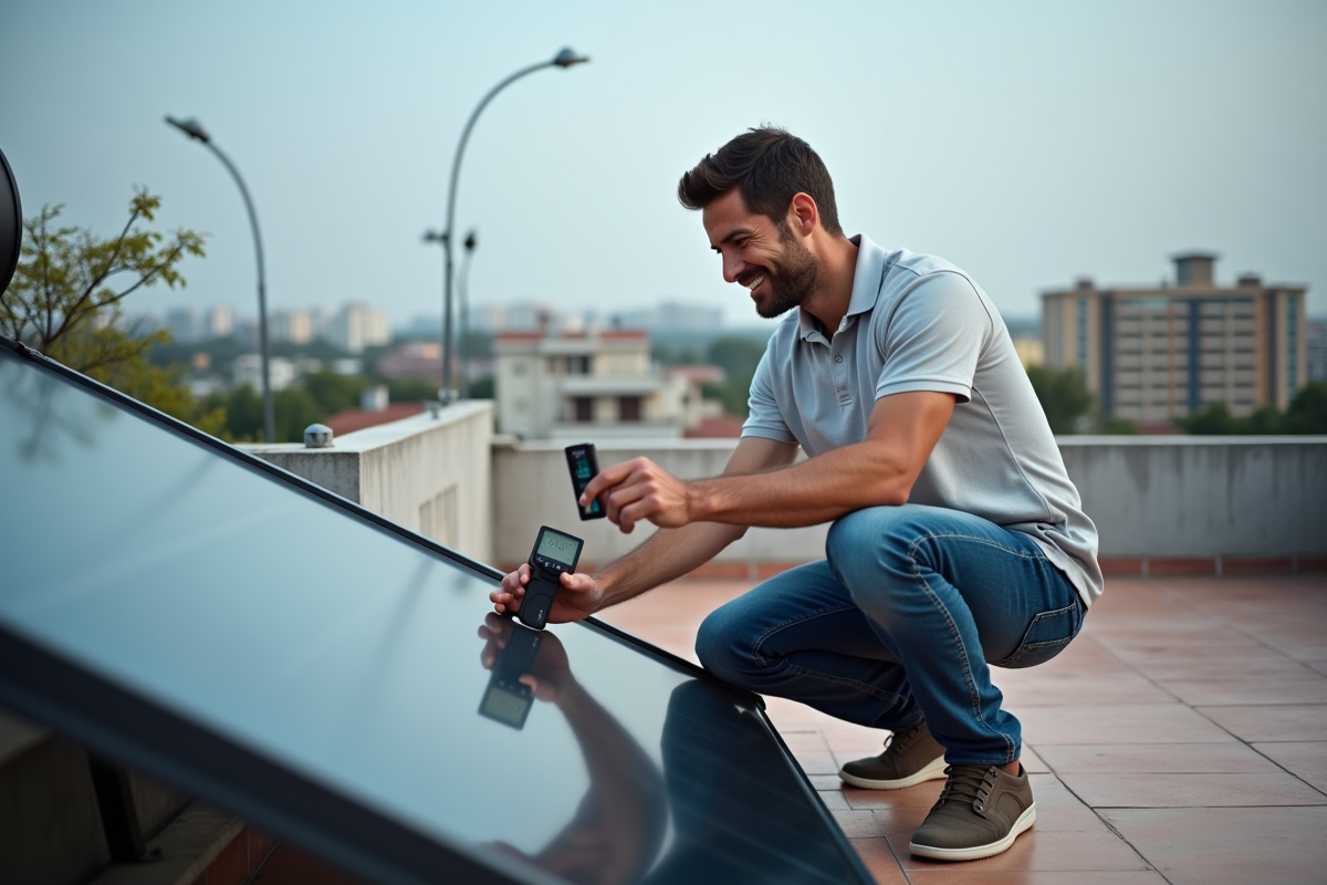 Homme vérifiant un chauffe-eau solaire sur un toit urbain