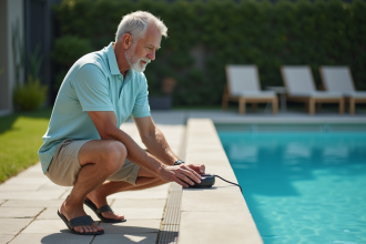 Homme d'âge moyen ajuste le panneau de contrôle piscine