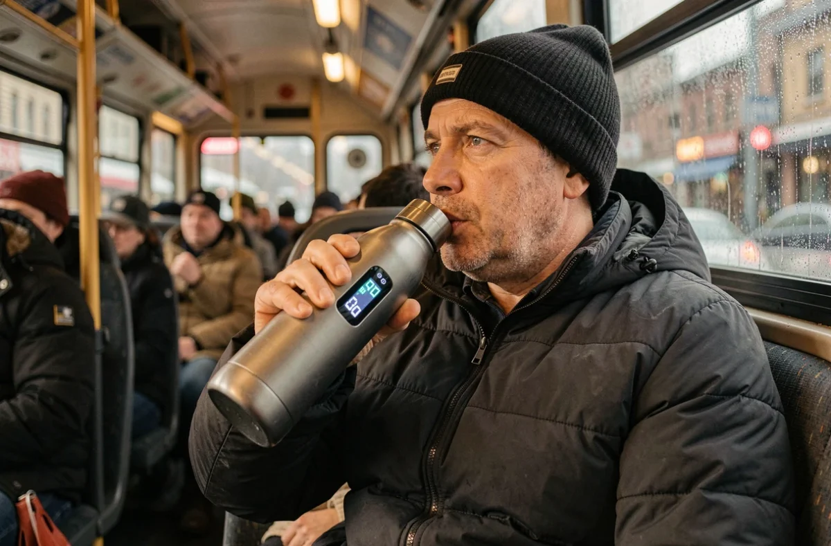 Homme sirotant une gourde chauffante connectée dans un bus de ville en hiver, avec des vitres embuées en arrière-plan