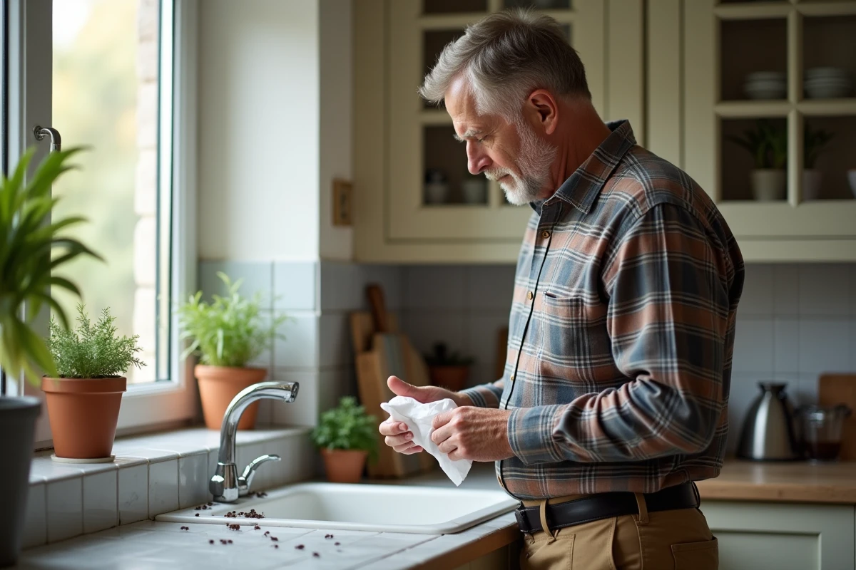 Homme collecte des insectes noirs dans la cuisine lumineuse