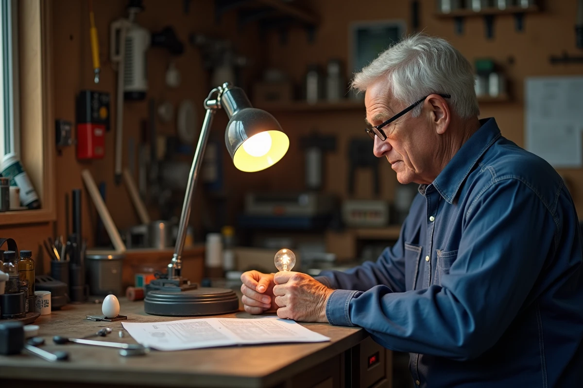 Homme âgé installant une ampoule E14 dans une lampe de bureau