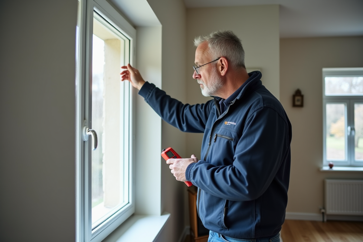 Homme moyen âge appliquant mousse isolante sur un mur intérieur