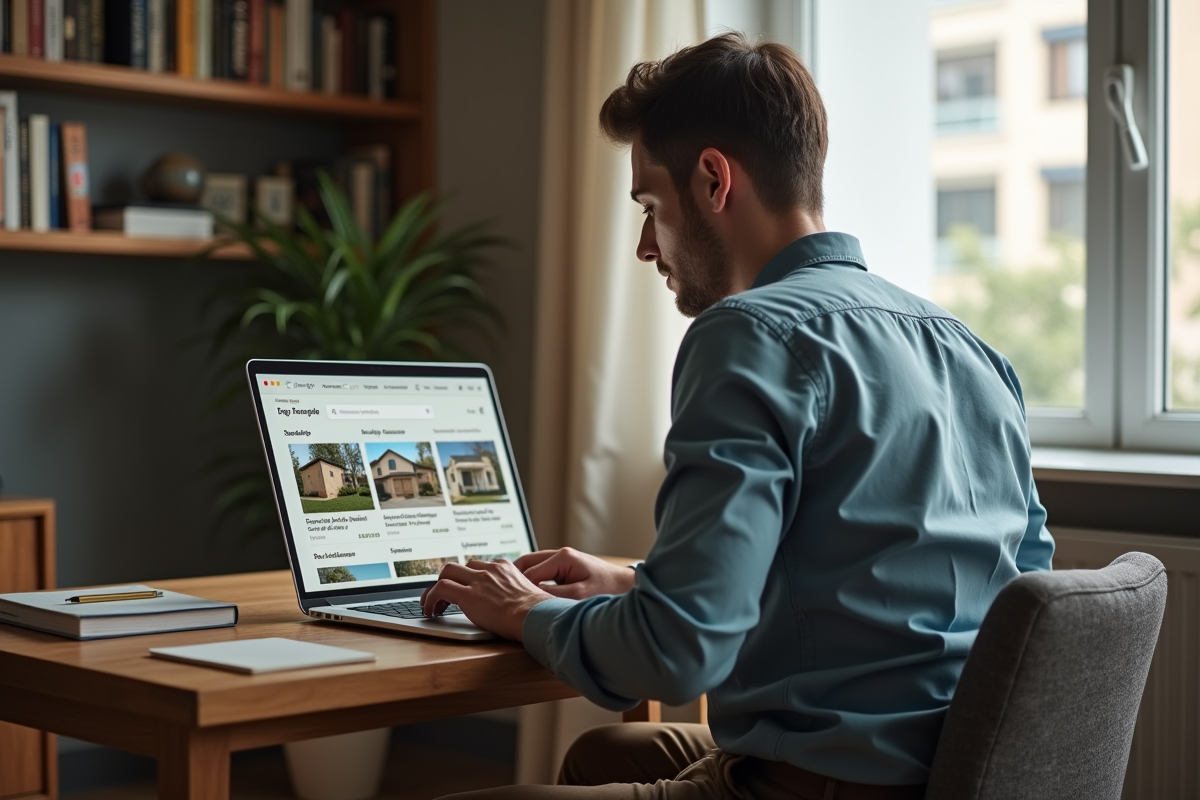 Jeune homme consultant des annonces de location sur son ordinateur