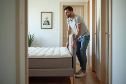 Homme déplaçant un grand lit dans un appartement