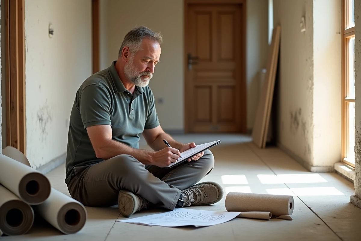Homme mesure un sol PVC dans un couloir en rénovation