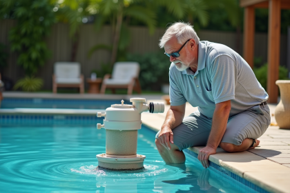Homme examine un filtre de piscine en extérieur dans un jardin