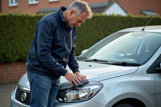 Homme moyenâgeux nettoyant un phare de voiture dans une cour