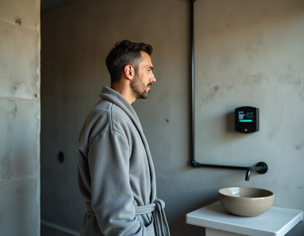 Homme en peignoir consultant un compteur de consommation d'eau dans une salle de bain au style industriel