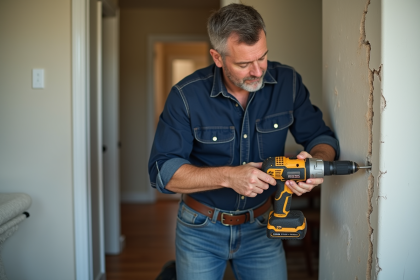 Homme d'âge moyen perçant un trou dans un mur intérieur