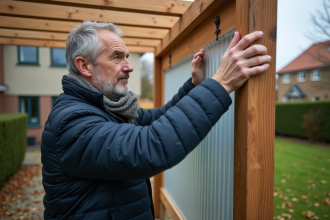 Homme en veste et écharpe posant des panneaux en plastique sur une pergola en automne