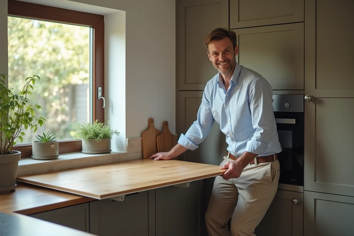 Homme plie une table à manger dans une cuisine moderne