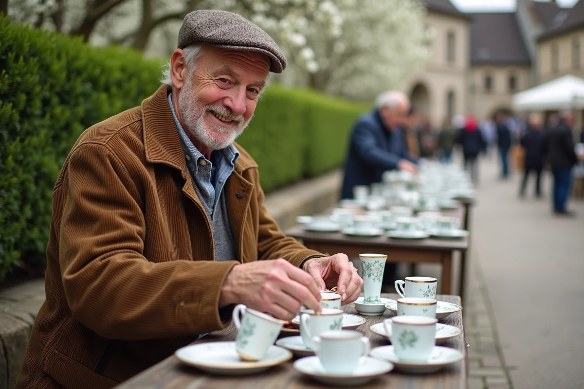 Homme âgé arrangeant des tasses en porcelaine dans un vide grenier
