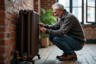 Homme ajustant un radiateur ancien dans un loft industriel