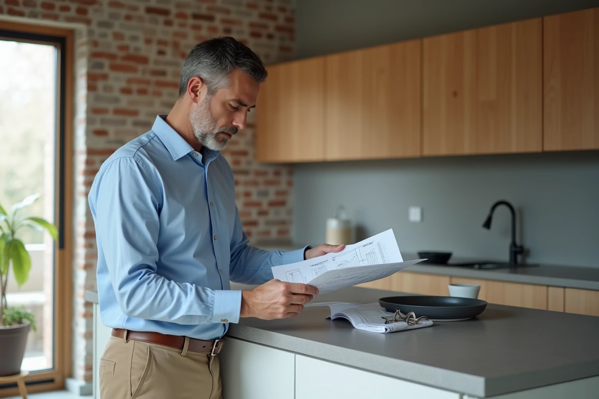 Homme d'âge moyen examine des documents de rénovation dans une cuisine moderne