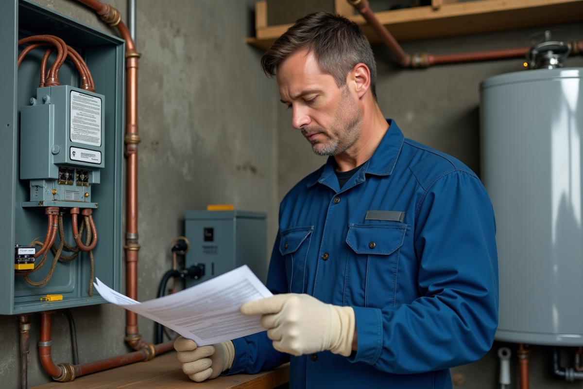 Homme en overalls bleus lisant un manuel électrique dans un local technique