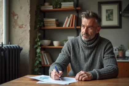 Homme d'âge moyen dans un intérieur parisien avec radiateur ancien