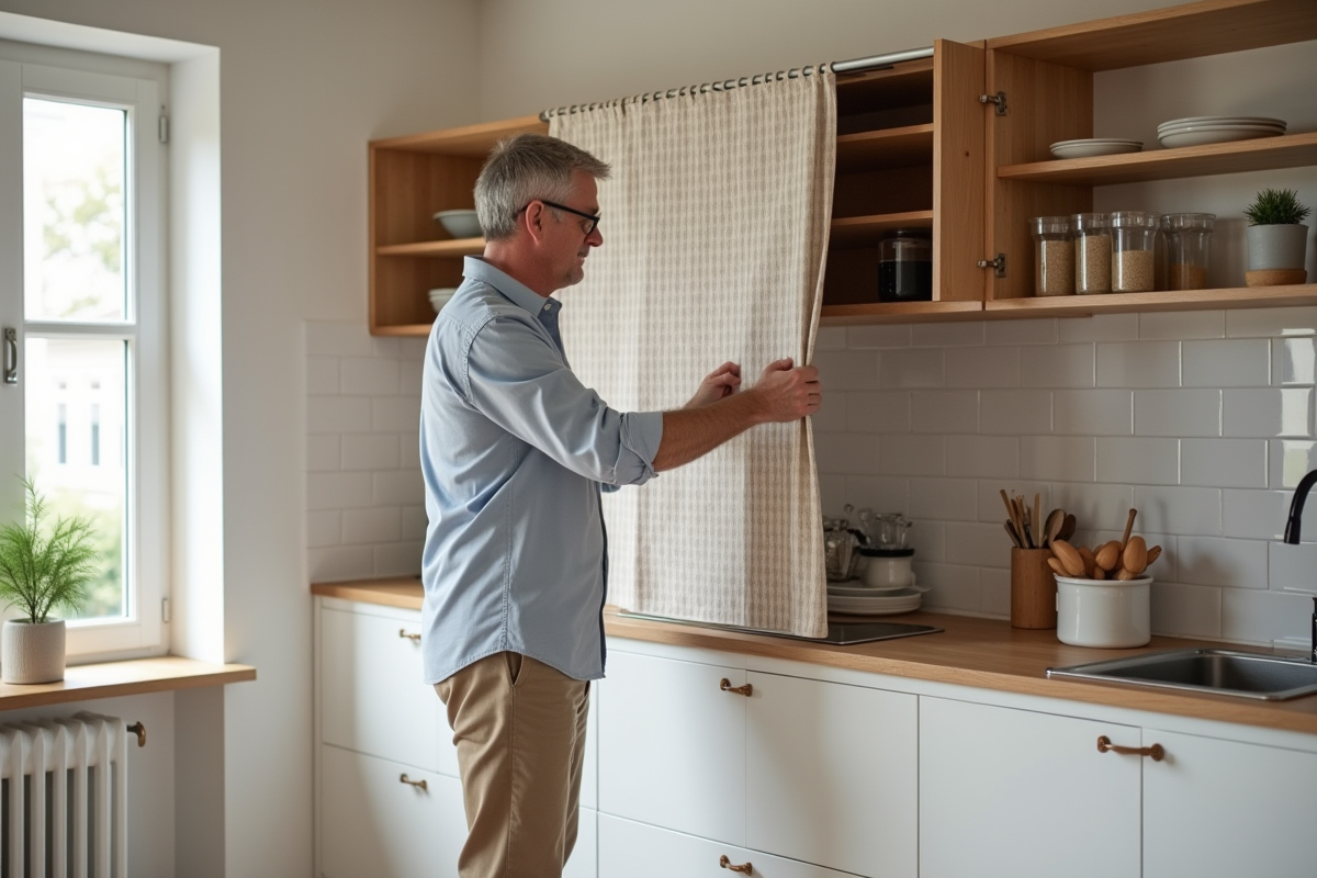 Homme fixant rideau dans cuisine scandinave