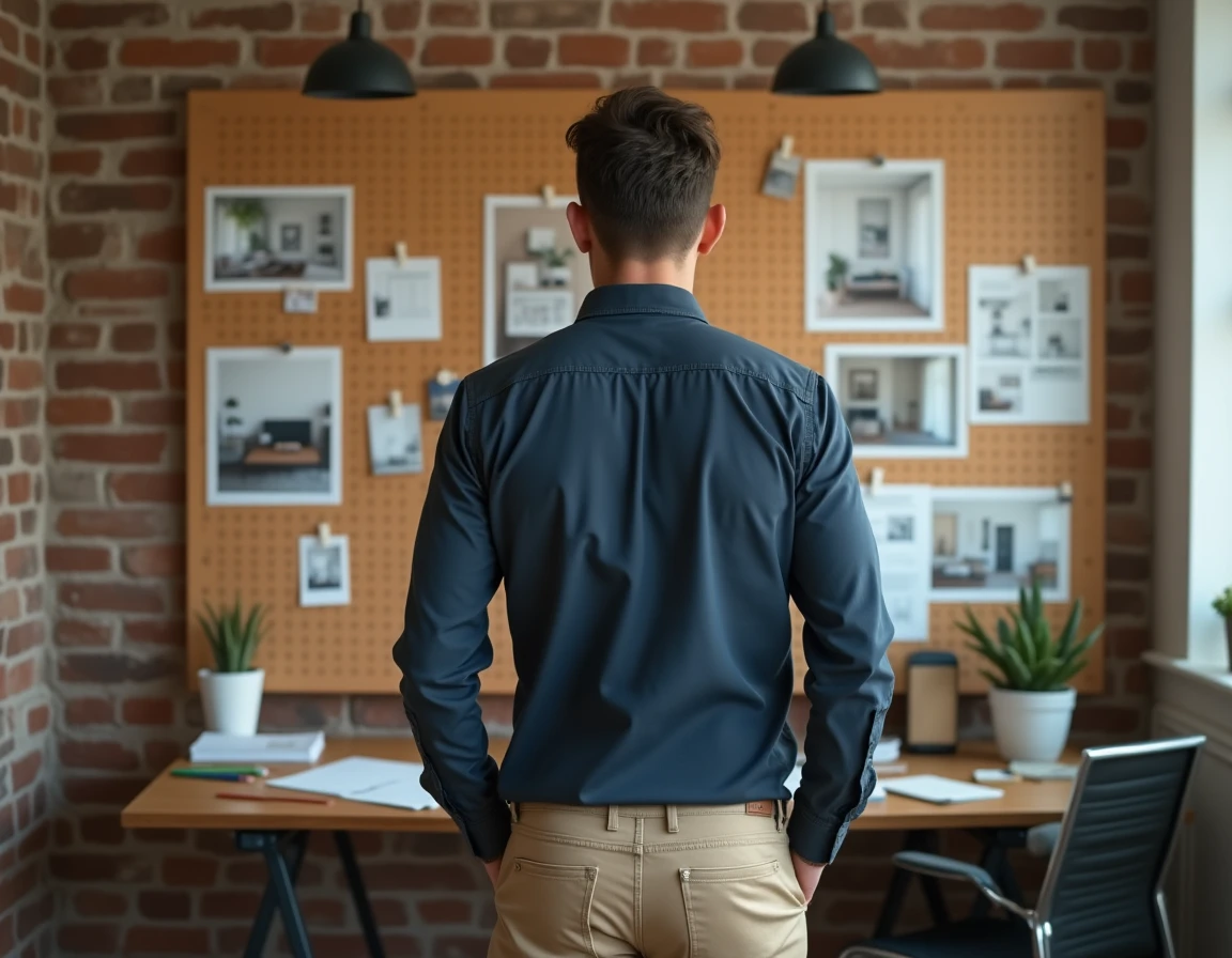Homme consultant un tableau d'inspiration décorative avec des échantillons de couleurs et des croquis pour identifier son style déco