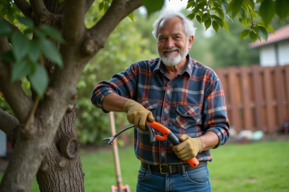 Homme d'âge moyen taillant une branche dans son jardin