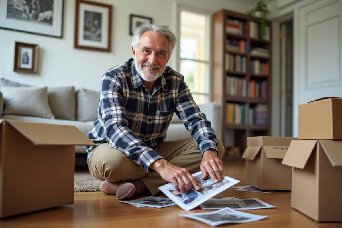 Homme âgé triant des photos dans un salon chaleureux
