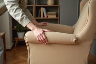 Femme ajustant une housse extensible beige sur un fauteuil à oreilles dans un salon chaleureux aux tons neutres