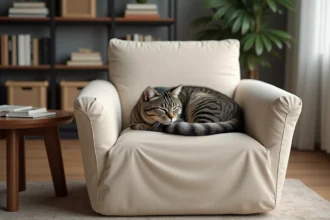 Chat tigré gris endormi sur un fauteuil recouvert d'une housse extensible beige dans un salon moderne et élégant
