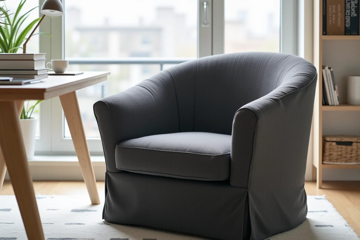 Housse de fauteuil extensible gris anthracite ajustée parfaitement sur un fauteuil design dans un bureau scandinave minimaliste